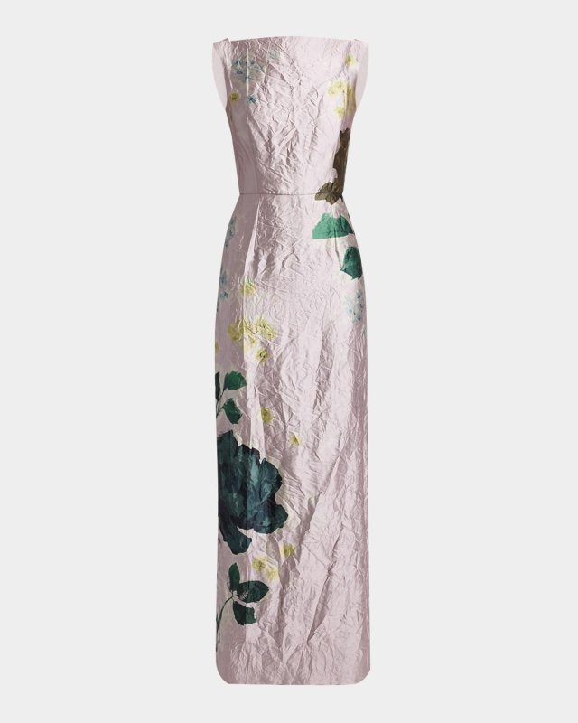 Floral Crinkle-Effect Boatneck Gown